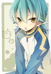  :3 :o androgynous aqua_hair bad_id bad_pixiv_id border inazuma_eleven_(series) inazuma_eleven_go izumi39 kariya_masaki male_focus solo track_suit twintails v_arms yellow_eyes 