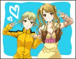  :&lt; :o alternate_hairstyle bad_id bad_pixiv_id bare_shoulders blonde_hair bodysuit border brown_eyes detached_sleeves double_v green_eyes harukaze heart huang_baoling karina_lyle long_hair multiple_girls orange_bodysuit tiger_&amp;_bunny track_suit twintails v 