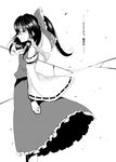  blush bow detached_sleeves greyscale hair_bow hair_tubes hakurei_reimu long_hair monochrome profile s-syogo smile solo touhou wind 