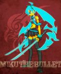  bare_shoulders blouse blue_hair breasts dual_wielding energy english glaring gloves hatsune_miku holding katana katou_(hyaena) long_hair midriff miniskirt necktie pleated_skirt red_background scowl shoes skirt small_breasts solo sword tattoo text_focus thighhighs twintails very_long_hair vocaloid weapon wristband yellow_skin 