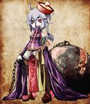  akasia ball belt blue_hair braid chain chinese_clothes highres jiangshi original pale_skin pantyhose red_eyes sharp_teeth short_hair solo teeth 