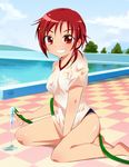  bad_id bad_pixiv_id blush breasts buruma checkered checkered_floor day grin gym_uniform hair_ornament hino_akane_(smile_precure!) hioki_akane hose looking_at_viewer outdoors perspective pool poolside precure red_eyes red_hair shirt_tug short_hair sitting small_breasts smile smile_precure! solo tiles wet wet_clothes yokozuwari 