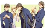  black_jacket blonde_hair bracelet brown_eyes brown_hair cassock casual cross cross_necklace fate/stay_night fate/tiger_colosseum fate/zero fate_(series) formal gilgamesh glasses jacket jewelry kotomine_kirei male_focus multiple_boys multiple_persona necklace necktie pinki_(shounenkakuseiya) red_eyes suit 