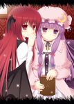  bad_id bad_pixiv_id blush book bow commentary covering_mouth cpu_(hexivision) crescent hair_bow hat head_wings koakuma long_hair multiple_girls patchouli_knowledge purple_eyes purple_hair red_hair sidelocks sitting sparkle touhou whispering wings 