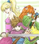  1girl 1other androgynous bare_shoulders blonde_hair brown_hair earrings facepaint feathers hair_feathers hayashi-34523537 headband hoop_earrings jewelry long_hair pointy_ears popoi primm purple_eyes randi red_hair seiken_densetsu seiken_densetsu_2 spiked_hair staff sword tabard tunic weapon 