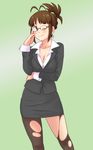  adjusting_eyewear akizuki_ritsuko breasts cleavage folded_ponytail formal glasses highres idolmaster idolmaster_(classic) jacket medium_breasts office_lady one_eye_closed pantyhose pencil_skirt skirt skirt_suit smile suit torn_clothes torn_legwear toshifumi 