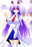  alternate_costume animal_ears breasts bunny_ears engo_(aquawatery) halftone halftone_background large_breasts long_hair purple_hair red_eyes reisen_udongein_inaba skirt solo thighhighs touhou very_long_hair waving white_legwear zettai_ryouiki zoom_layer 