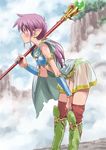  armor bikini_armor blush boots cape highres isedaichi_ken knee_boots leaning_forward long_hair original pointy_ears ponytail purple_eyes purple_hair see-through solo sorcerian staff thighhighs weapon 