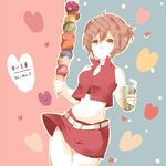  belt brown_hair drink food ice_cream meiko midriff miniskirt naniiro navel red_eyes short_hair skirt smile solo too_many too_many_scoops vocaloid 