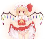  ascot ass_visible_through_thighs blonde_hair bow bow_panties flandre_scarlet haruki_(colorful_macaron) hat looking_at_viewer midriff panties red_eyes short_hair side_ponytail skirt skirt_lift solo striped striped_panties touhou underwear wings 