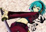  akasia green_hair headphones katana midriff navel original short_hair solo sword weapon yellow_eyes 