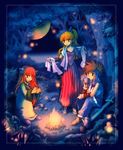  1girl 1other androgynous bare_shoulders blonde_hair campfire cup drinking fire headband long_hair mai_(woood) moon pointy_ears ponytail popoi primm randi red_hair seiken_densetsu seiken_densetsu_2 spiked_hair towel tunic 