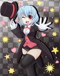  b.leaf blue_hair blush boots bow bowtie breasts cleavage detached_collar fishnet_pantyhose fishnets gloves hat highres leotard magician one_eye_closed open_mouth pantyhose red_eyes ribbon short_hair small_breasts smile solo star tatara_kogasa thigh_boots thighhighs top_hat touhou tuxedo 