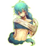  androgynous bad_id bad_pixiv_id blue_hair braid jewelry judal long_hair magi_the_labyrinth_of_magic male_focus midriff red_eyes single_braid solo tayoko upper_body very_long_hair 