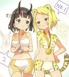  2girls animal_ears bare_shoulders black_hair blonde_hair blue_eyes breasts brown_eyes cheetah_ears cheetah_tail commentary_request cowboy_shot extra_ears eyebrows_visible_through_hair hand_on_hip horns medal medium_breasts midriff multiple_girls navel original rassie_s shirt short_hair short_shorts short_sleeves shorts simple_background sleeveless sleeveless_shirt small_breasts tail 