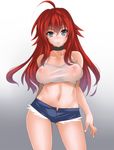  ahoge bare_shoulders blue_eyes blush breasts choker collarbone cutoffs gradient gradient_background hevn high_school_dxd huge_ahoge large_breasts long_hair looking_at_viewer midriff navel nipples open_fly red_hair rias_gremory see-through shirt short_shorts shorts simple_background solo taut_clothes taut_shirt unzipped 