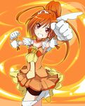  bike_shorts boots brown_eyes brown_shorts choker cure_sunny fiery_background fire gloves hino_akane_(smile_precure!) ixy orange_(color) orange_background orange_choker orange_hair orange_skirt precure shorts shorts_under_skirt skirt smile_precure! solo thigh_boots thighhighs 