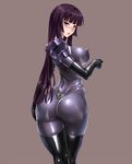  ass black_legwear bodysuit breasts covered_nipples g-string grey_background kamori_sayaka large_breasts original panties purple_eyes purple_hair rindou_(radical_dream) simple_background skin_tight solo thighhighs thong underwear 