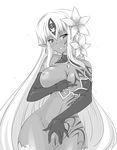 alisfieze_fateburn_xvi blush breast_slip breasts butter-t censored clitoris dark_skin earrings elbow_gloves flower gloves greyscale jewelry large_breasts long_hair looking_at_viewer markings mon-musu_quest! monochrome one_breast_out pointless_censoring pointy_ears pussy simple_background smile solo spread_pussy tattoo very_long_hair white_background 