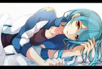  androgynous blue_hair inazuma_eleven inazuma_eleven_(series) kazemaru_ichirouta letterboxed long_hair lying male_focus on_side orange_eyes solo yorozuyozu 