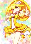  bike_shorts bow cure_peace double_v hair_flaps highres kise_yayoi magical_girl nuko-d open_mouth orange_shorts precure shorts shorts_under_skirt skirt smile_precure! solo star starry_background v wide_ponytail wrist_cuffs yellow yellow_bow yellow_eyes yellow_skirt 