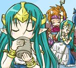  1girl bandaid blush_stickers brown_hair cup green_hair headband long_hair luca_(seiken_densetsu) petting pointy_ears polearm randi seiken_densetsu seiken_densetsu_2 spear spiked_hair staff syake teacup tears tiara very_long_hair weapon 