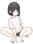  1girl 1ssakawaguchi ahoge barefoot black_hair blush bob_cut gym_shorts hand_on_ground highres looking_at_viewer original shirt short_hair shorts squatting t-shirt white_background 