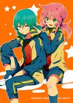  :d adjusting_hair akishima_kei androgynous aqua_hair bad_id bad_pixiv_id character_name green_eyes inazuma_eleven_(series) inazuma_eleven_go kariya_masaki kirino_ranmaru male_focus multiple_boys open_mouth orange_background pink_hair sitting smile star track_suit twintails yellow_eyes 