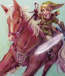  animal belt blonde_hair blue_eyes chainmail epona gauntlets gloves hat holding holding_sword holding_weapon horse kiri_tampo left-handed link male_focus pants pointy_ears riding running sheath solo straddling sword the_legend_of_zelda the_legend_of_zelda:_twilight_princess weapon 