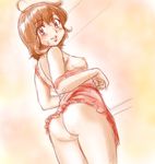  apron ass breasts brown_hair chunpai copyright_request from_behind looking_at_viewer looking_back naked_apron nipples short_hair small_breasts solo 