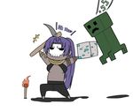  asashin_(kazami-tomo) assassin_(fate/zero) bad_id bad_pixiv_id black_skin block chibi creeper crossover earrings fate/zero fate_(series) female_assassin_(fate/zero) flat_color hoop_earrings jewelry mask minecraft pickaxe ponytail purple_hair torch 