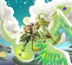  1girl 1other androgynous blue_eyes cape dragon fang flammie flying full_moon lantern moon multiple_wings pointy_ears popoi primm randi riding scabbard seiken_densetsu seiken_densetsu_2 sheath wings 