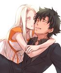  1girl bad_id bad_pixiv_id black_hair closed_eyes couple dress emiya_kiritsugu facial_hair fate/zero fate_(series) hetero hug husband_and_wife irisviel_von_einzbern long_hair michino necktie stubble white_hair 