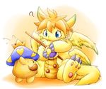  blue_eyes dragon drum fang flammie instrument kinakomochi_(kazuna922) multiple_wings mushroom no_humans orange_hair rattle_drum seiken_densetsu wings 