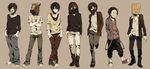  bag bag_over_head barefoot black_hair blue_eyes brown_eyes brown_hair crossed_arms crossed_legs hands_in_pockets highres horse kina58 mask multiple_boys original paper_bag respirator short_hair smiley_face standing standing_on_one_leg surgical_mask vest 