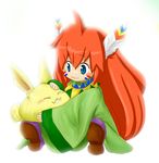  :3 ahoge androgynous blue_eyes feathers hair_feathers long_hair monster petting popoi rabite red_hair seiken_densetsu seiken_densetsu_2 sitting tunic wide_sleeves 