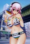  1girl absurdres bare_shoulders bikini blush bracelet breasts cameltoe cleavage eating finger_to_mouth food headphones highres holding jewelry large_breasts long_hair looking_at_viewer midriff mound_of_venus navel necklace nitroplus red_eyes road shop sideboob sky solo sonico street super_sonico sweat swimsuit tsuji_santa 