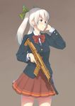  assault_rifle bad_id bad_pixiv_id bangs blazer blue_eyes bow bowtie brown_background bushmaster_acr efmoe expressionless grey_hair gun hair_bow hair_ribbon hand_on_own_face jacket original pleated_skirt ribbon rifle school_uniform shirt simple_background skirt solo trigger_discipline twintails weapon 