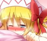  bed_sheet blonde_hair blue_eyes blush bow clenched_hand hair_bow happy_tears hat hat_ribbon lily_white long_hair lying on_stomach one_eye_closed ribbon sheet_grab smile solo sweat tears touhou yutamaro 