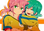  :d akishima_kei bad_id bad_pixiv_id fang green_eyes green_hair hug inazuma_eleven_(series) inazuma_eleven_go kariya_masaki kirino_ranmaru male_focus multiple_boys open_mouth pink_hair smile soccer_uniform sportswear twintails yaoi yellow_eyes 