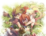  1girl 1other ^_^ androgynous bare_shoulders blonde_hair brown_hair closed_eyes fang food grass headband hug long_hair lying on_side pointy_ears ponytail popoi primm randi red_hair sandwiched seiken_densetsu seiken_densetsu_2 senya_kazuhi spiked_hair sweets vambraces 