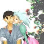  1girl blue_hair closed_eyes earrings hand_on_shoulder hinalogic imminent_kiss japanese_clothes jewelry masaki_tenchi one_eye_closed ryouko_(tenchi_muyou!) spiked_hair tenchi_muyou! 