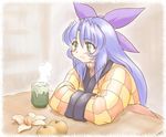  blue_eyes blue_hair chunpai food fruit hands_in_opposite_sleeves kotatsu long_hair mandarin_orange scrapped_princess smile solo table zefiris 