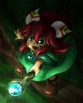  androgynous bad_id bad_pixiv_id demerin fang feathers glowing hair_feathers open_mouth popoi red_hair seiken_densetsu seiken_densetsu_2 solo sparkle staff tunic yellow_eyes 