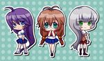  3girls blue_eyes blush breasts brown_hair chibi chouun_shiryuu female fingerless_gloves gloves green_eyes ikkitousen jaack kan'u_unchou kanu_unchou long_hair multiple_girls official_art purple_hair ryuubi_gentoku school_uniform smile white_hair 