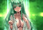  blush breasts cleavage green_eyes green_hair hair_in_mouth hand_on_own_chest kochiya_sanae large_breasts light_smile long_hair looking_at_viewer parted_lips revision saburou_(hgmg) see-through solo touhou upper_body wet wet_clothes 