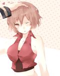  breasts brown_hair kaito large_breasts meiko naniiro one_eye_closed petting red_eyes short_hair smile solo_focus vocaloid 