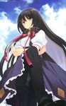  black_hair cape from_below frown highres itou_noiji kimi_no_nagori_wa_shizuka_ni_yurete long_hair panties panties_under_pantyhose pantyhose shirasagi_mayuri underwear very_long_hair 