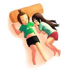  akiyama_mio barefoot black_hair brown_hair closed_eyes high_ponytail highres k-on! long_hair lying multiple_girls navel on_back on_side open_mouth pillow shirt short_hair shorts skirt sleeping t-shirt tainaka_ritsu younger zasshu_tamashii 