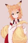  1girl absurdres animal_ear_fluff animal_ears blonde_hair commentary_request eyebrows_visible_through_hair fang fang_out flower fox_ears fox_tail hair_between_eyes hair_flower hair_ornament head_tilt highres japanese_clothes looking_at_viewer medium_hair ribbon-trimmed_sleeves ribbon_trim senko_(sewayaki_kitsune_no_senko-san) sewayaki_kitsune_no_senko-san shanghaidoll simple_background smile solo tail tail_hold wide_sleeves yellow_eyes 